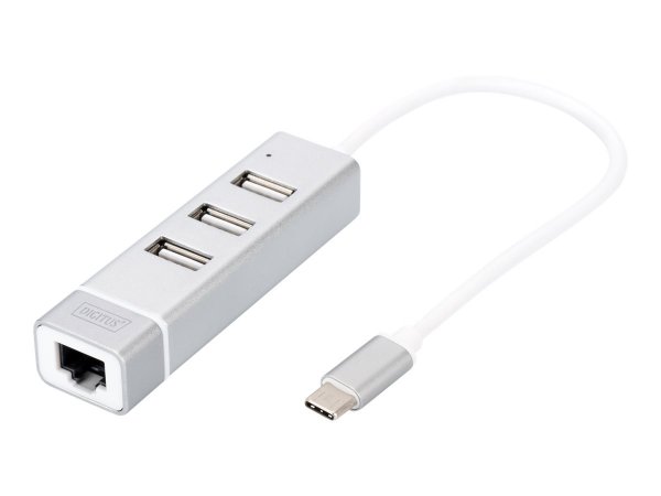 DIGITUS Hub USB 2.0 3 porte e adattatore LAN Fast Ethernet con connettore Type-C™ - Cablato - USB -