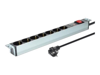DIGITUS aluminum outlet strip with switch, 7 safety outlets, 2 m supply with surge protection