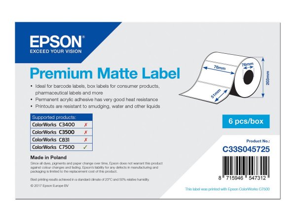 Epson Premium Matte Label - Die-cut Roll: 76mm x 51mm - 2310 labels - Bianco - Opaco - Ad inchiostro