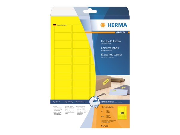 HERMA 4366 - Giallo - Etichetta per stampante autoadesiva - A4 - Carta - Laser/Inkjet - Rimovibile