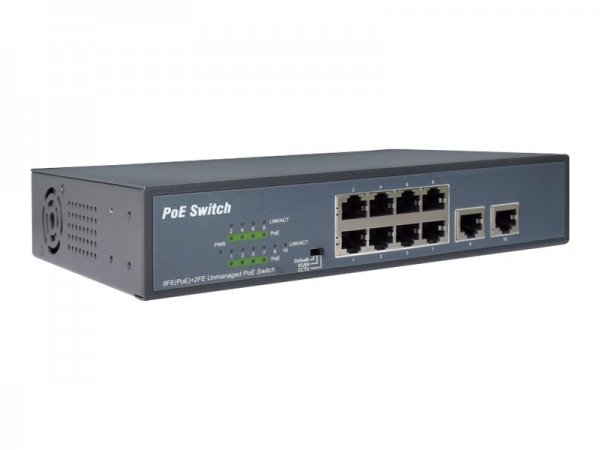 DIGITUS 8 Port Fast Ethernet PoE Switch - 19 Inch - Unmanaged - 2 Uplinks - Non gestito - Fast Ether