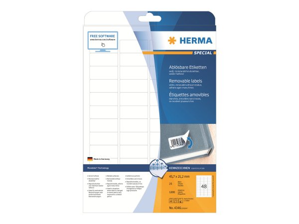 HERMA 4346 - Bianco - Etichetta per stampante autoadesiva - A4 - Carta - Laser/Inkjet - Rimovibile