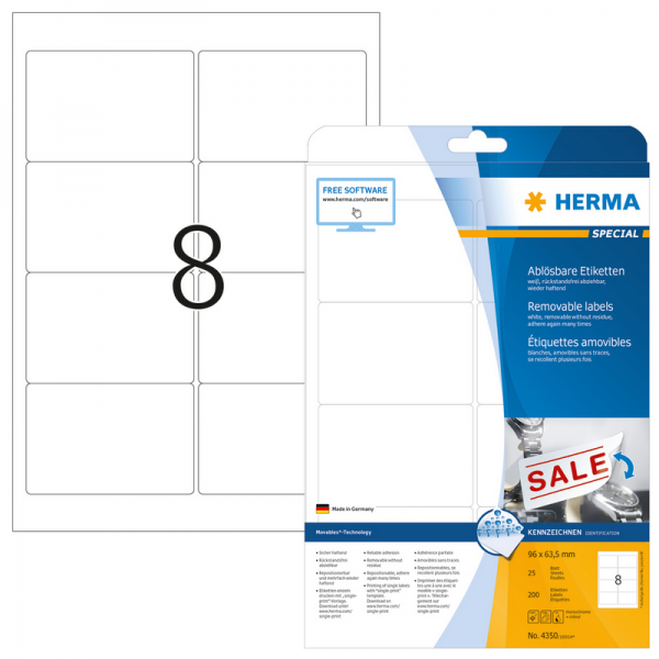 HERMA 4350 - Bianco - Etichetta per stampante autoadesiva - A4 - Carta - Laser/Inkjet - Rimovibile