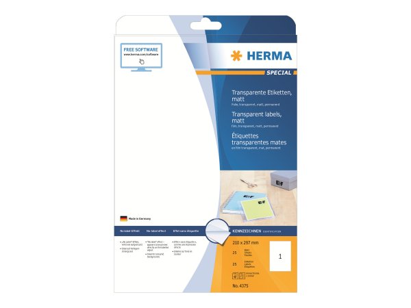 HERMA 4375 - Trasparente - Etichetta per stampante autoadesiva - A4 - Laser - Permanente - Opaco