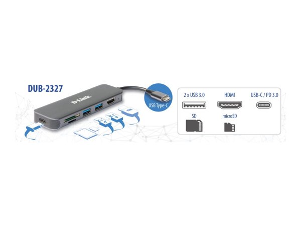 D-Link DUB-2327 - Cablato - USB tipo-C - 60 W - Grigio - MicroSD (TransFlash) - SD - SDHC - SDXC - 5