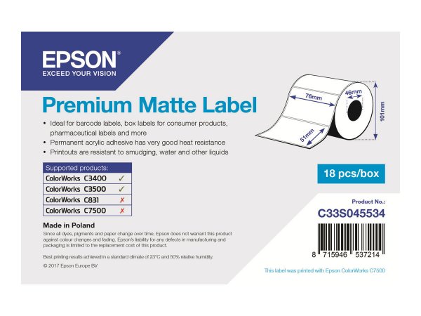 Epson Premium Matte Label - Die-cut Roll: 76mm x 51mm - 650 labels - Bianco - Ad inchiostro - Acrili
