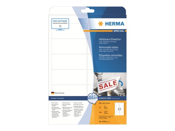 HERMA 4348 - Bianco - Etichetta per stampante autoadesiva - A4 - Carta - Laser/Inkjet - Rimovibile