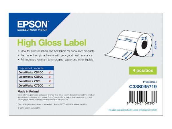 Epson High Gloss Label - Die-cut Roll: 102mm x 152mm - 800 labels - Bianco - HG - Acrilico - Permane