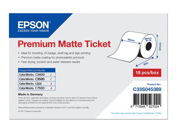 Epson Premium Matte Ticket - Roll: 80mm x 50m - Opaco - 107 g/m² - 1 pz - 107 mm - 108 mm - 89 mm