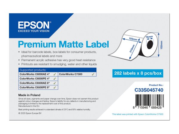 Epson Premium Matte Label - Die-Cut Roll: 105mm x 210mm - 282 labels - Etichetta per stampante autoa