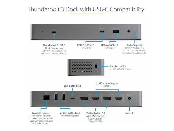 StarTech.com Dock Thunderbolt 3 compatibile con USB-C - Doppio monitor 4K 60Hz DisplayPort 1.4 o dop