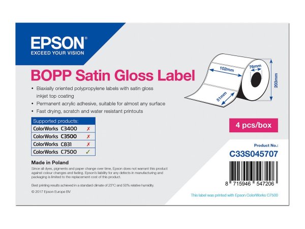 Epson BOPP Satin 102mm x 51mm - 2770 - Bianco - Satinata - Epson ColorWorks C7500 - 102mm x 51mm - 1