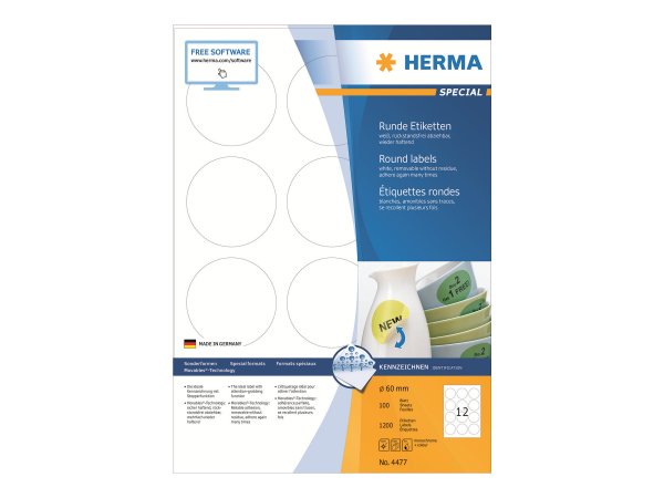 HERMA Special - Papier - matt - selbstklebend, entfernbarer Klebstoff - weiß - 60 mm rund 1200 Etike