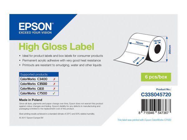 Epson High Gloss Label - Die-cut Roll: 76mm x 51mm - 2310 labels - Bianco - HG - Acrilico - Permanen