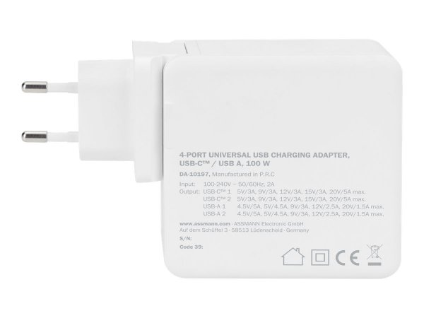 DIGITUS Adattatore di ricarica universale USB a 4 porte - USB-C™ / USB A - 100 W - GaN - Interno - A