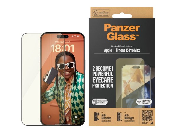 PanzerGlass Eyecare Displayschutz iPhone 15 Pro Max - Ultra-Wide Fit - Apple
