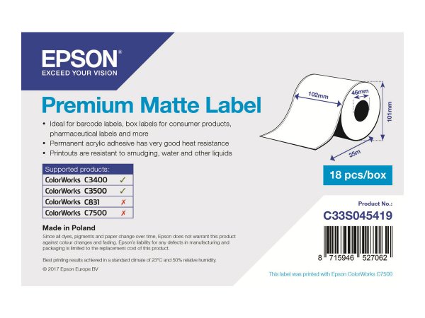 Epson Premium Matte Label - Continuous Roll: 102mm x 35m - Opaco - 163 g/m² - 1 pz - 113 mm - 108 mm