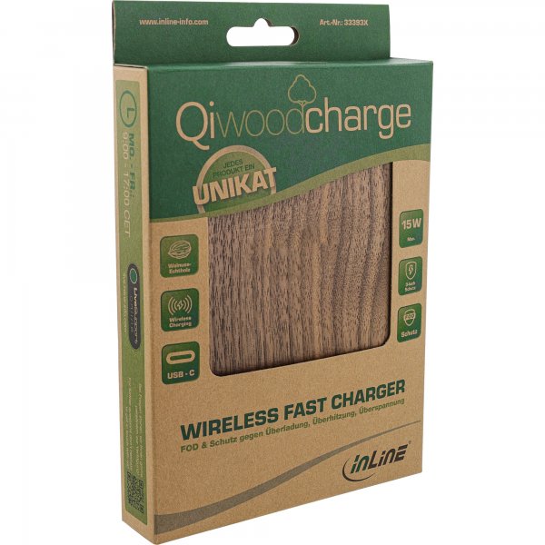 InLine Qi woodcharge - rapido wireless - 5/7,5/10W/15W - USB-C - senza logo