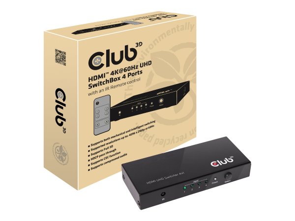Club 3D HDMI 2.0 UHD SwitchBox 4 Ports - HDMI - 2.0a - 4096 x 2160 Pixel - Nero - Metallo - 4K Ultra