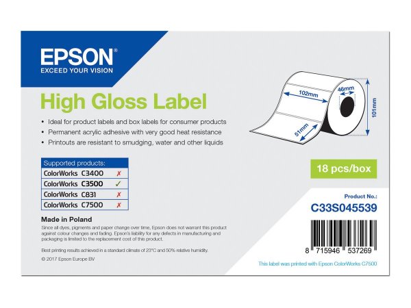 Epson High Gloss Label - Die-cut Roll: 102mm x 51mm - 610 labels - Lucida - Epson ColorWorks C7500G