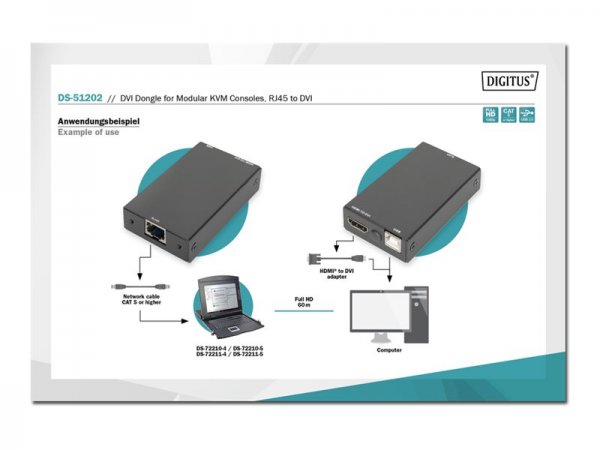 DIGITUS Dongle DVI per console KVM - RJ45 su DVI - RJ-45 - HDMI + USB - Femmina - Femmina - Dritto -