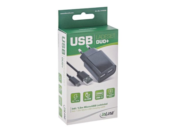 InLine USB DUO+ Set - adattatore di alimentazione 2 porte + cavo Micro-USB