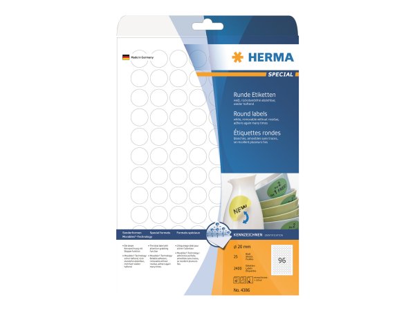 HERMA 4386 - Bianco - Etichetta per stampante autoadesiva - A4 - Carta - Laser/Inkjet - Rimovibile